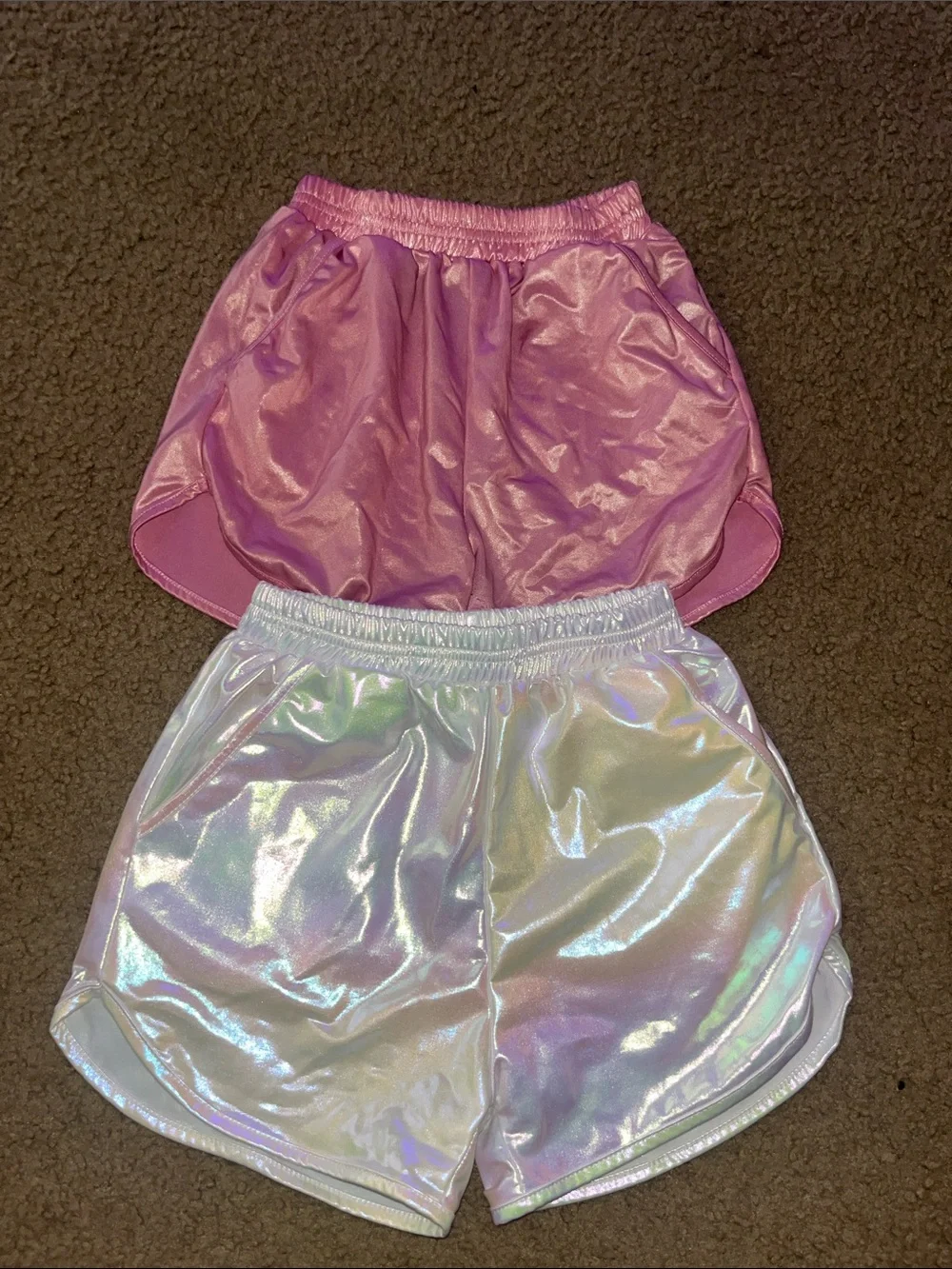 SHEIN Pink and Iridescent Holographic Kids' Shorts Set